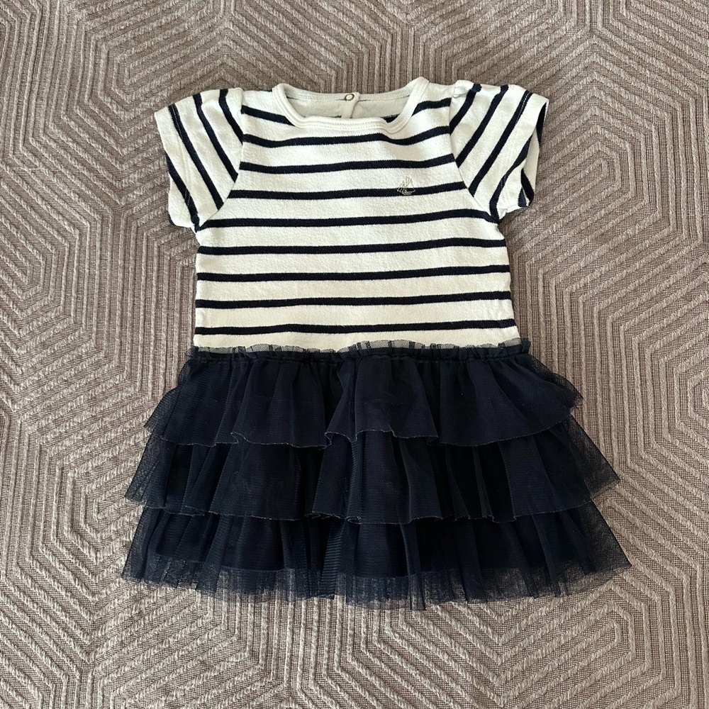 Petit bateau Navy & White Striped Tulle Tiered Dress